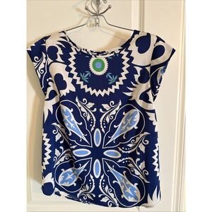 Women's Maison d'Amalie Blue Abstract  Patterned Short Sleeve Shirt Sz Small